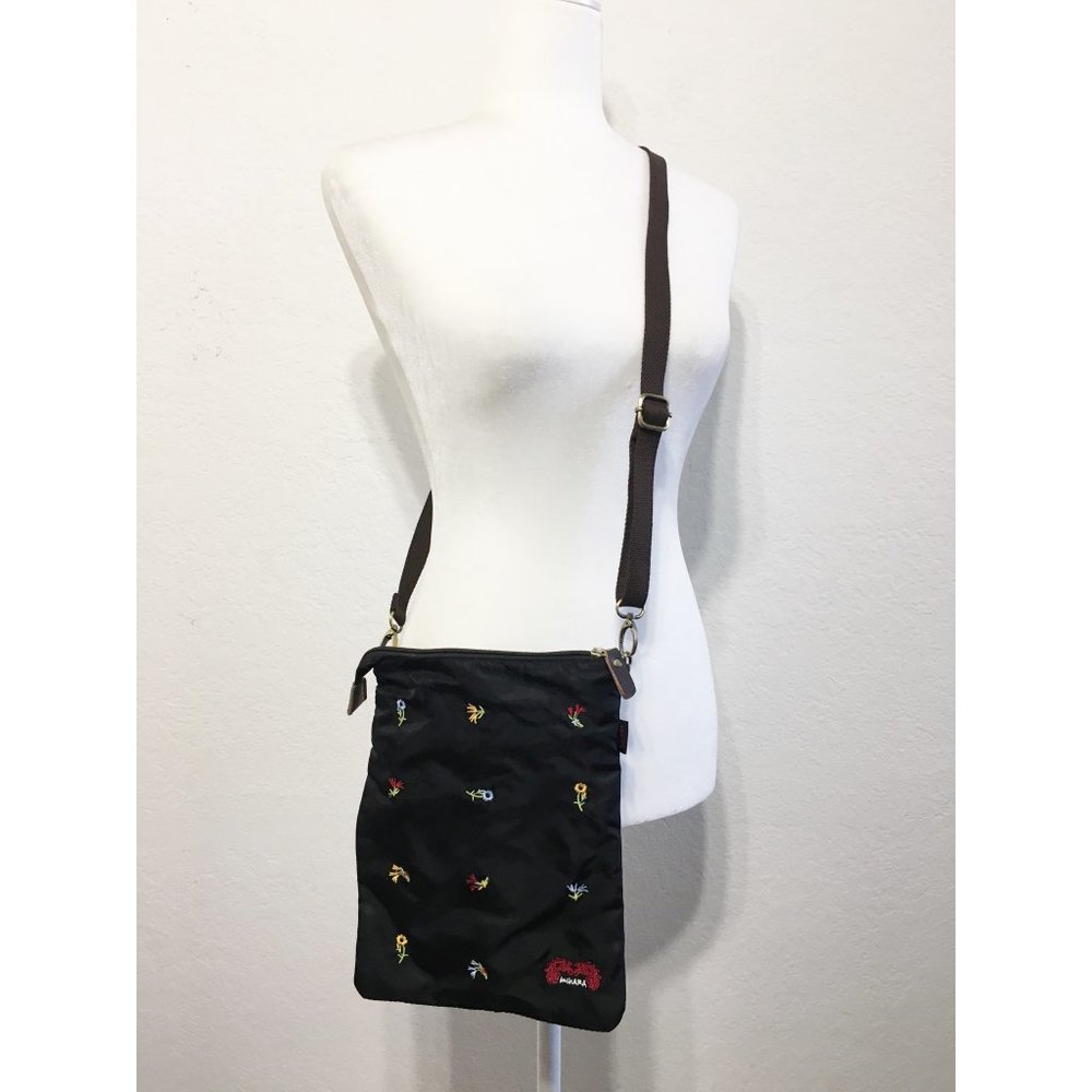 MIHARA Womens Crossbody Black Satin Fabric Floral Embroidered Zipper Top Closure